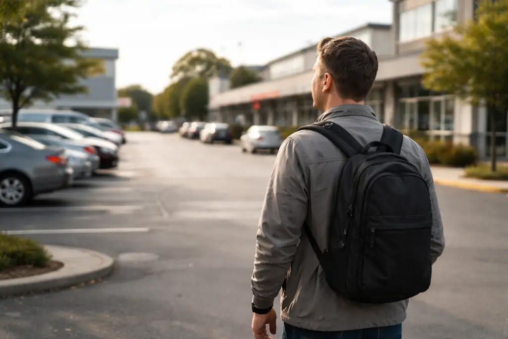 Man standing in parking lot observing the scene